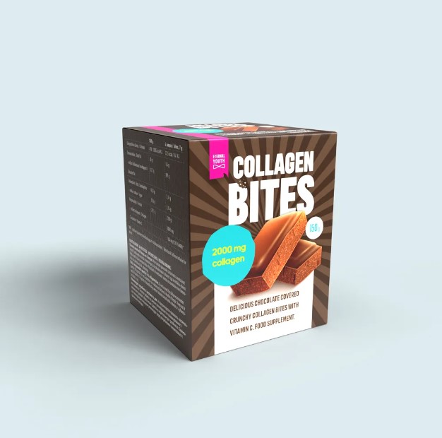 Eternal Youth Crunchy Collagen Bites, Eternal Youth Šokolaadiga kaetud tatrapallid ilu- ja liigeste kollageeni ning C-vitamiiniga.