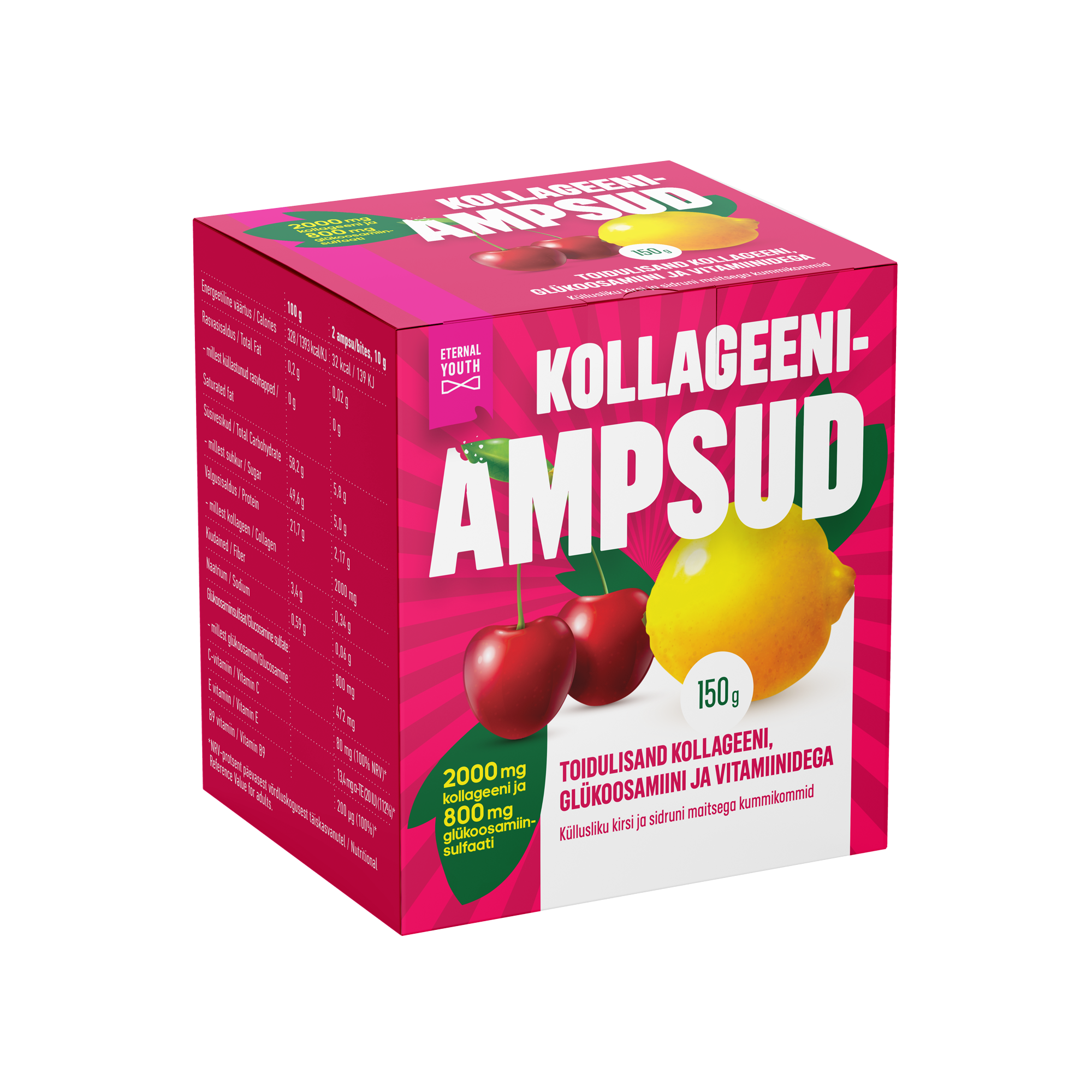 Eternal Youth Collagen Bites Delightfully Cherry And Lemon Flavoured Gummies, Glükosamiiniampsud Kollageeni Ja Vitamiinidega