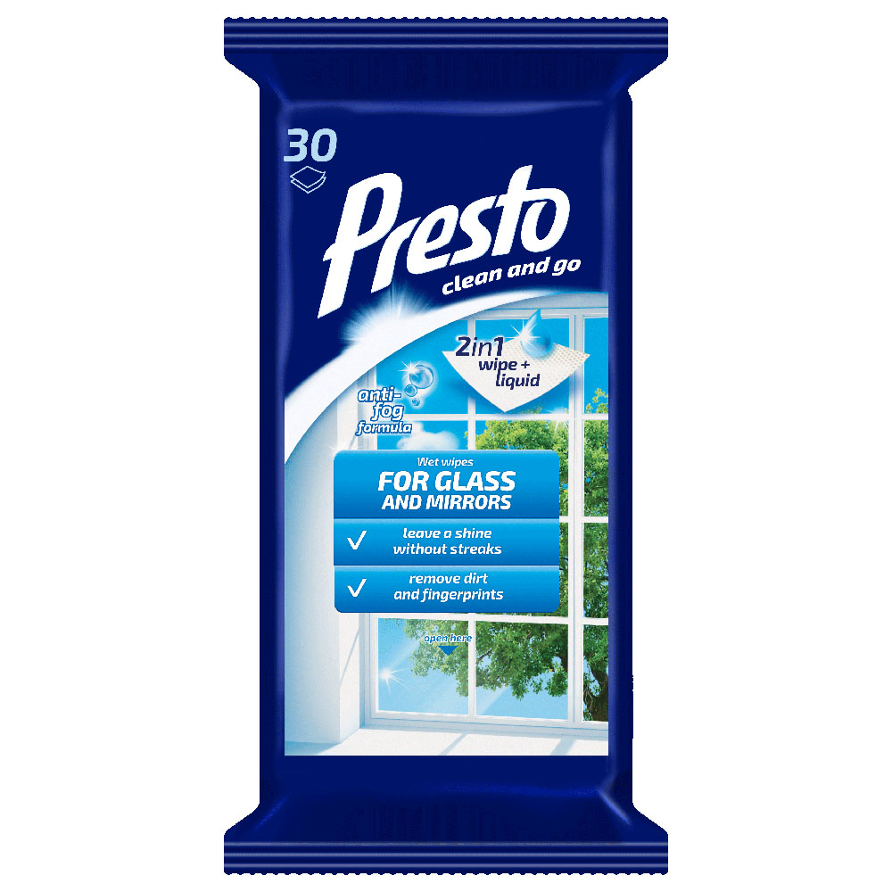 Presto Clean Household Wipes For Glass & Mirrors, Салфетки для чистки стекол и зеркал